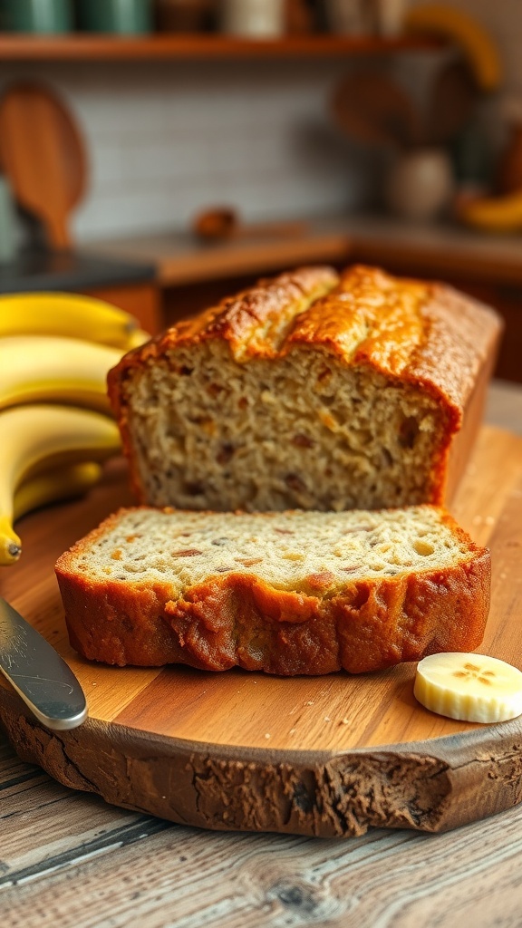 A sliced loaf of banana bread on a wooden board, showcasing its moist texture, with banana slices nearby.